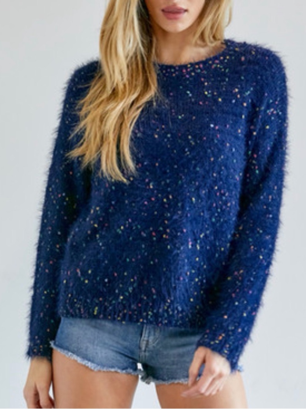 Arizona Jean Company Navy Fuzzy Crewneck with Multicolor Speckles